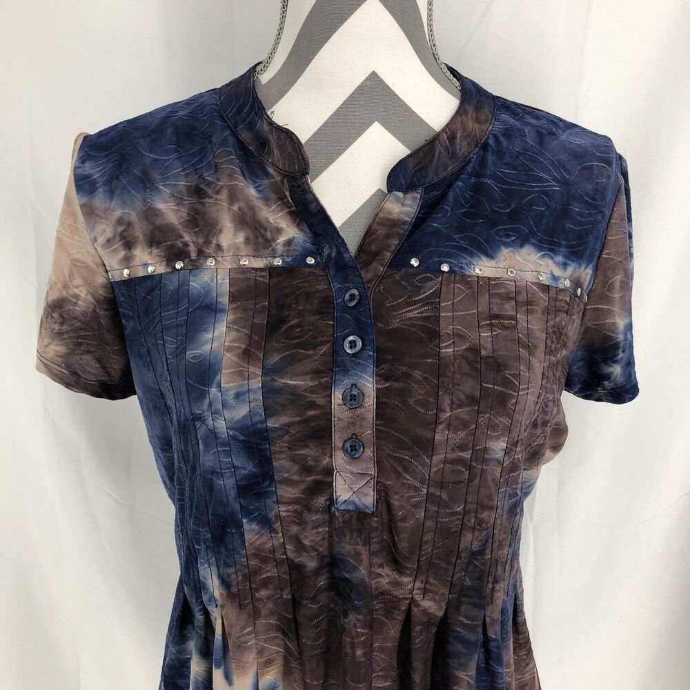 Sienna Grace Blue Brown Marble Tie Dye Boho Hippie 1/4 Button Blouse Large